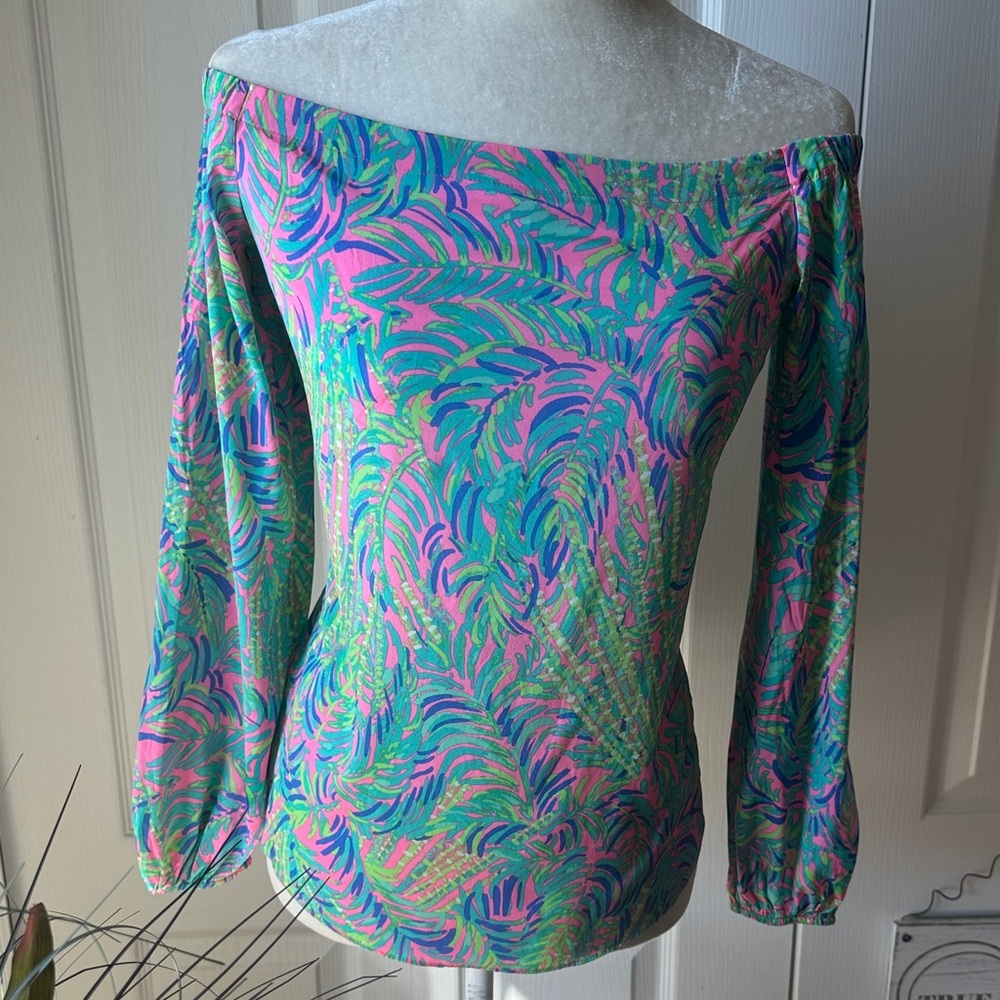 Lilly Pulitzer silk Pink and Green Off-Shoulder Blouse